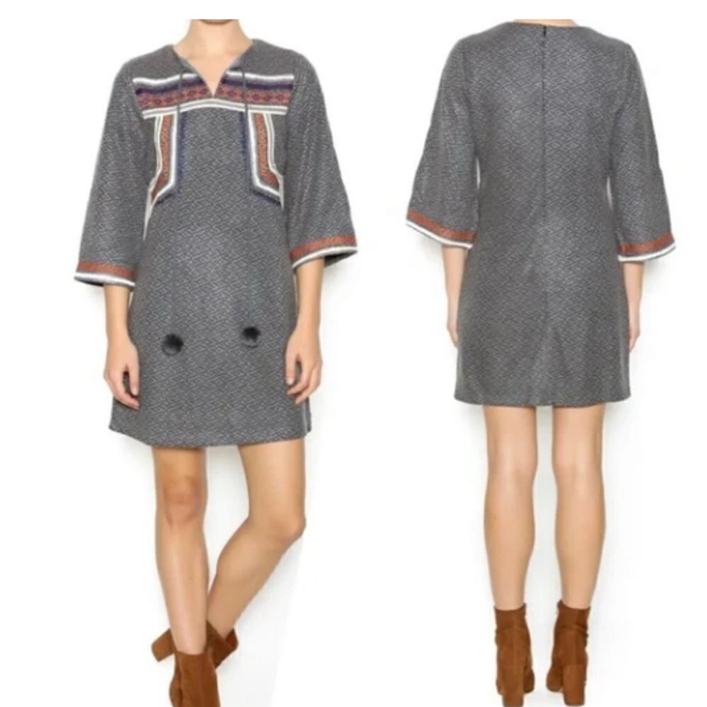 Esley Gray Mini Dress with Bell Sleeves and V-Neck embroidered New
